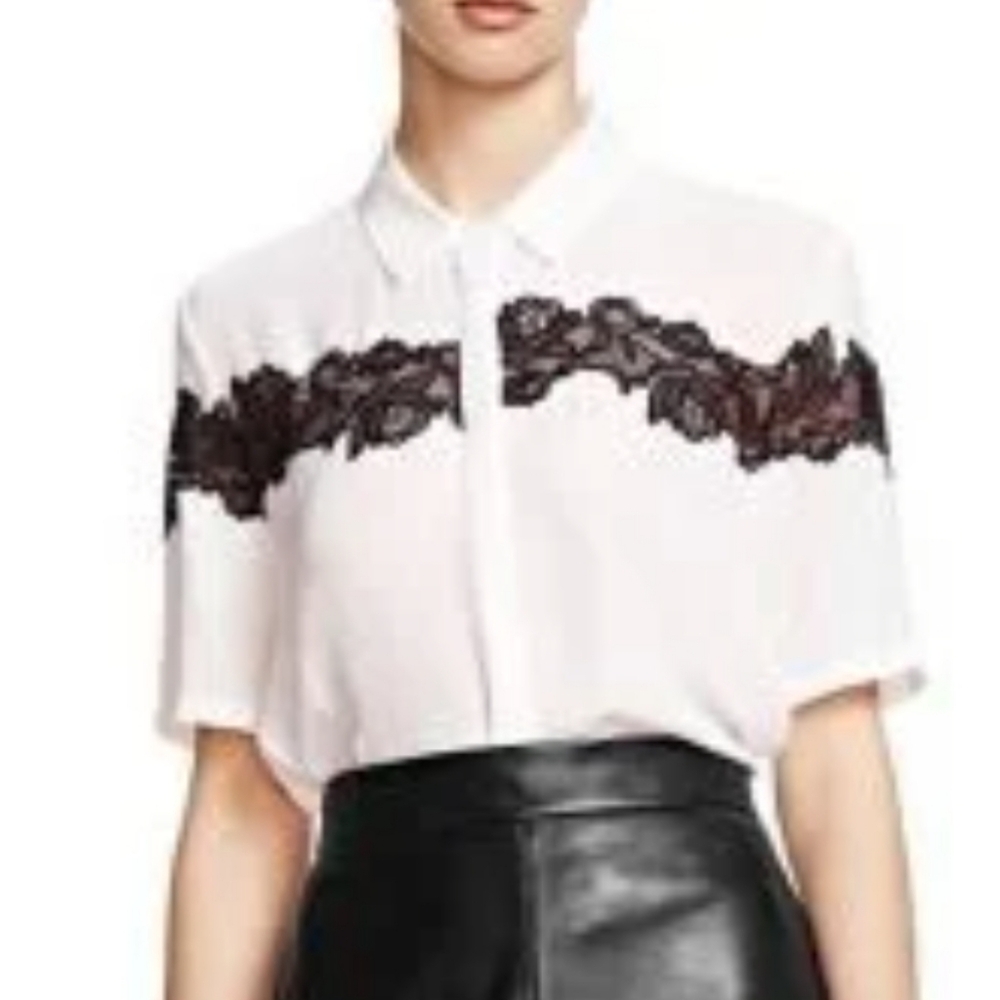 The Kooples Sutton Elegant White and Black Lace Insert Crepe Women's Top Bold - Picture 1 of 12